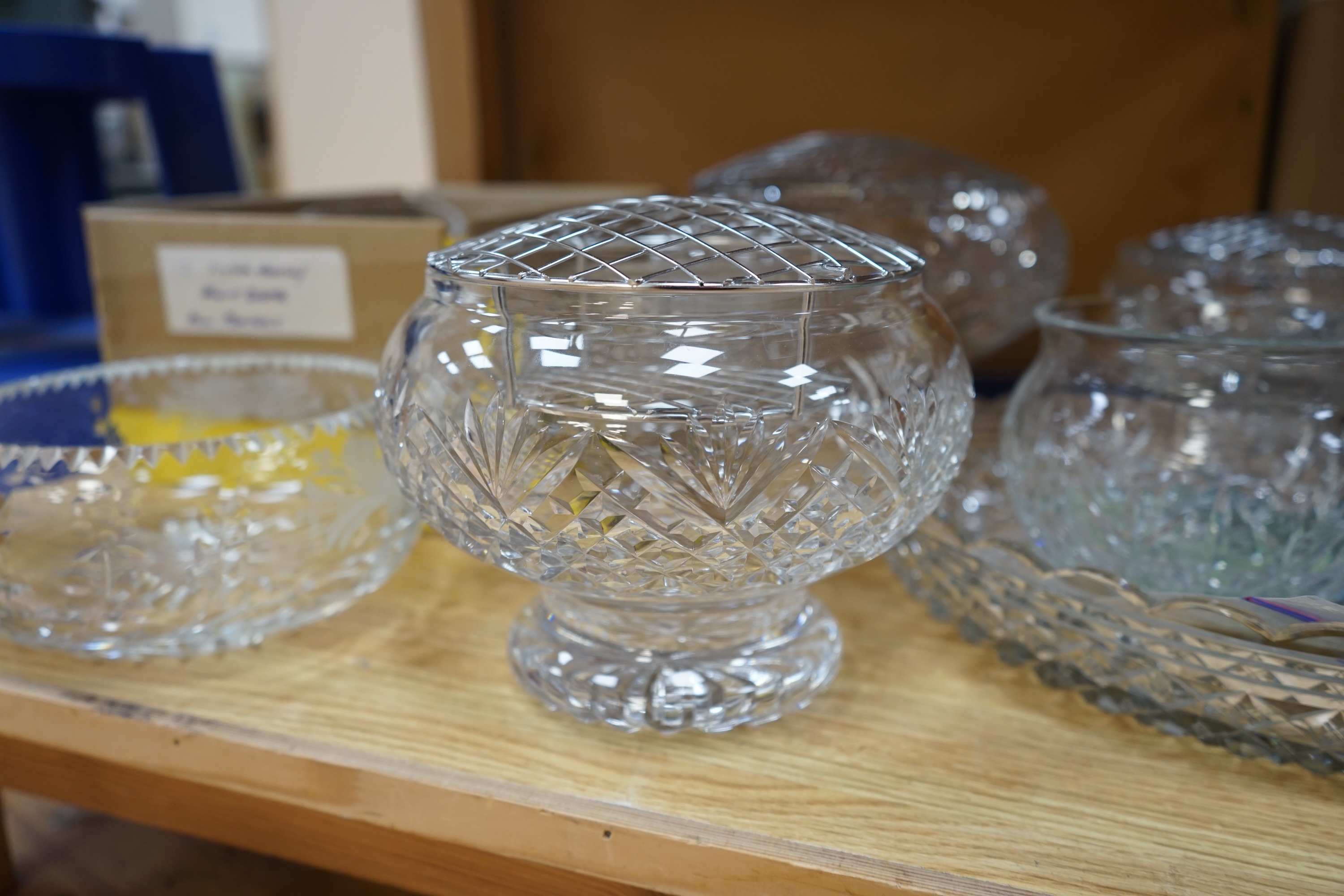 A collection of glassware, some Brierley to include pair of lamps, fruit bowls, cake slice and a large vase, largest 25cm high. Condition - mostly fair to good